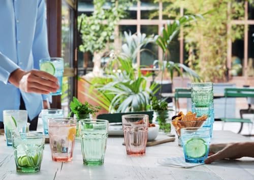 Bormioli Rocco Rock Bar 12.5 oz. Long Drink Stackable Tempered Beverage Glasses for Cold Drinks, Water, and Cocktails, Set of 6, Ice Blue