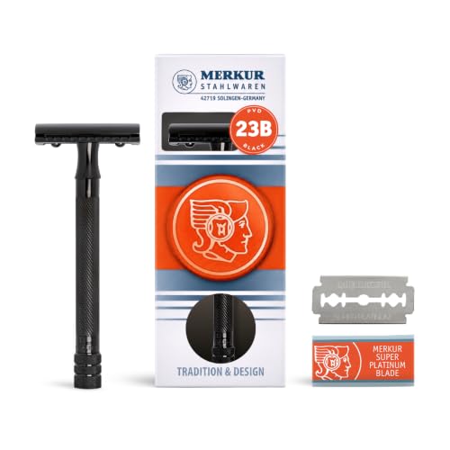 MERKUR 23C Double Edge Safety Razor - Polished Chrome, Long Knurled Brass Handle, Made in Germany, Plastic-Free, Three Piece Design, Closed Comb, Straight Bar