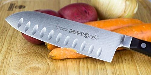 Mundial 5100 Series 7-Inch Granton Edge Santoku Knife with Black Handle, Ideal Knife for Meat and Vegetables, Precise Cuts for Julienning Thin Slices