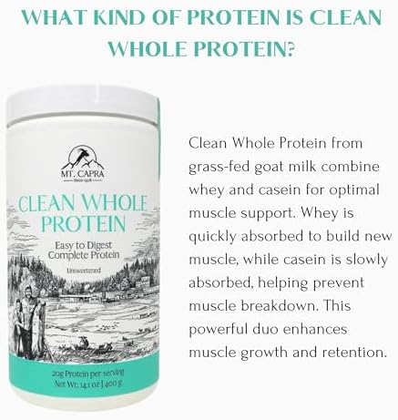 Mt. Capra Clean Whole Protein | Grass-Fed Goat Protein with Whey and Casein Protein | No Bloat, Build and Maintain Muscle, 20 g Protein per Serving