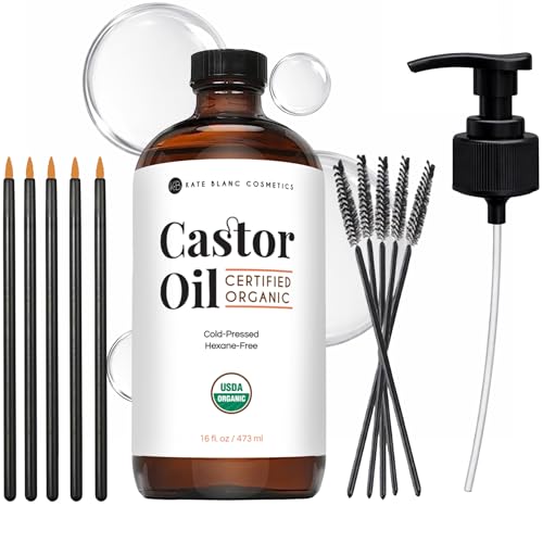 Kate Blanc Cosmetics Castor Oil Organic (4oz), 100% Pure, Cold Pressed, Hexane Free. Natural Oil for Hair, Eyelashes, Eyebrows. Skin Moisturizer with Starter Kit
