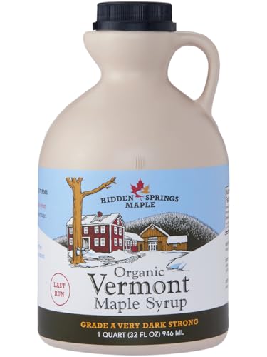 Hidden Springs Maple Organic Vermont Maple Syrup, Grade A Dark Robust (Formerly Grade B), 32 Ounce, 1 Quart, Family Farms, BPA-free Jug