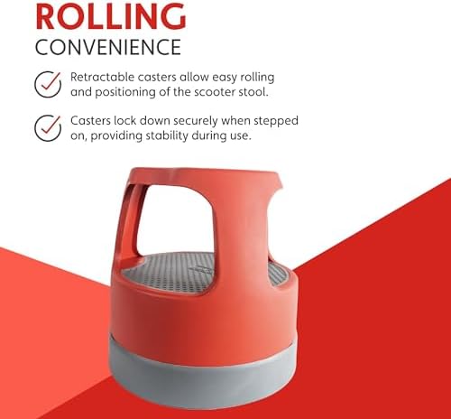 Cramer Scooter Stool, Round, 2-Step, 15", Step and Lock Wheels, 300 lb Capacity, Red