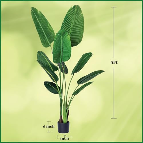 One 5 Foot Artificial Silk Bird of Paradise Palm Tree Potted Plant by Bagari