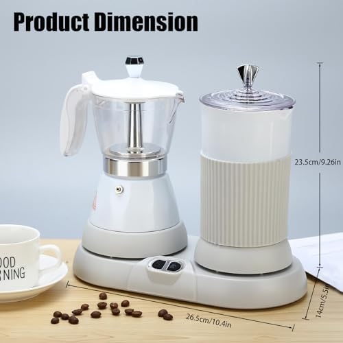Espresso Maker with Milk Frother Electric Moka Pot 2-in-1 Espress Machine Aluminium One-Touch Operation Milk Froth Fine and Dense White 110V
