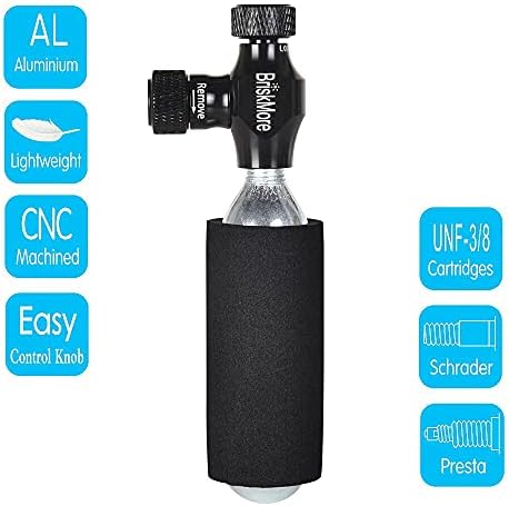 BriskMore CO2 Inflator Kits with 9X16g or 5 X 16g CO2 Cartridges, Presta and Schrader Valve Compatible, Bike Tire CO2 Pump, Included Insulated Sleeve