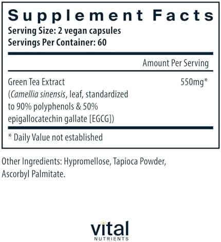 Vital Nutrients Green Tea Extract 550mg - Potent Antioxidant for Heart & Immune Health* - Polyphenols Supplement with EGCG - Gluten, Dairy