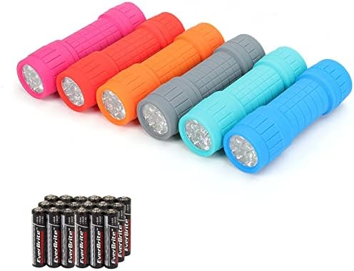 EverBrite Mini Flashlights 6-Pack Mix Colors, Batteries Included | Small, Lightweight, 18 AAA Batteries, 6-Color Set, 9-LED, Wrist Lanyards, for Home, Camping & Emergency use, Holiday Gifts