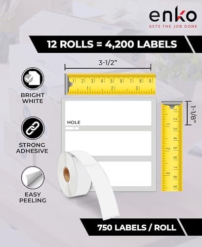 enKo 30252 12 Rolls | 4200 Address and Shipping Labels (1-1/8 x 3-1/2 in) | Water resistant Direct Thermal Return Address and Barcode Labels Compatible with Dymo LabelWriter 450 Turbo and 4XL Printers