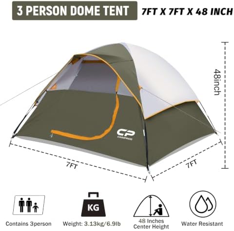 CAMPROS CP 3 Person Tent, Waterproof Dome Tents for Camping with Rainfly