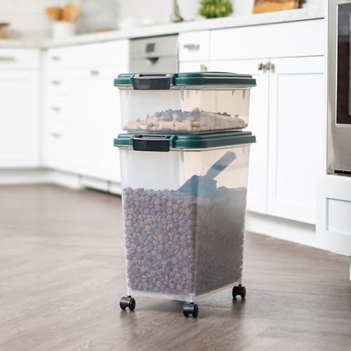 IRIS USA Airtight Pet Food Container, Up to 30 lbs & 11 lbs, Green | Airtight Seal, BPA-Free, 2-Cup Scoop, Stackable Design, Rolling Wheels, Dual Storage
