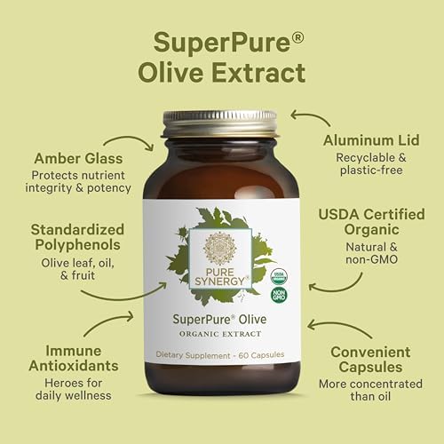 PURE SYNERGY SuperPure Olive Extract | Organic Olive Leaf, Oil, and Fruit Supplement with Polyphenols | for Heart, Brain