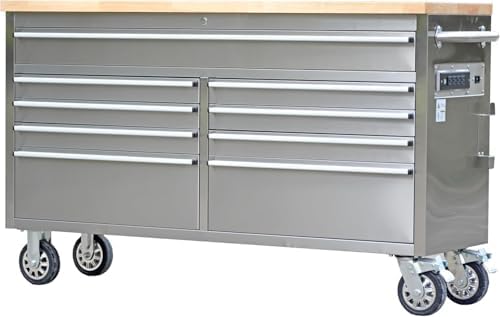 72" Heavy-Duty Rolling Tool Chest & Workbench with 15 Drawers, Steel Rubber Wood Top on Wheels, Key Locking System, Drawer Liners for Garage Warehouse Repair Shop, Black Storage Cabinet.