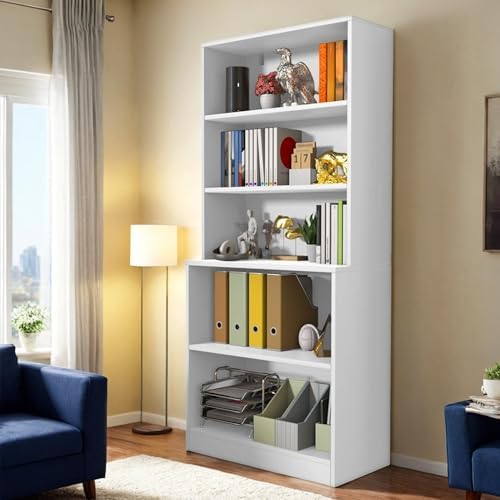 holzart 71" Tall Book Shelf, 5 Tier Large Bookshelf, Standing Wood Display Book Shelf for Living Room, Office, Library with Doors, 31.5" W x 70.87" H x 11.81" D, White