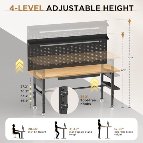 60 Inch Heavy Duty Workbench with Storage Cabinet, Wooden Top, 2000 lbs Capacity, Garage Work Table with Pegboard, Power Outlet, Leveling Feet, Black