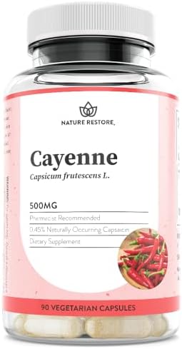Nature Restore Premium Cayenne Pepper Extract Supplement. Standardized to 0.45% Capsaicin - 70, 000 Scoville Heat Units for Natural Metabolism Support