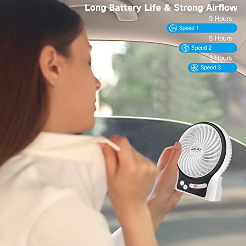 efluky 4.9-Inch Mini Desk Fan - 3 Speeds, Rechargeable Battery/USB Powered with LED Light, Quiet Portable Fan for Home, Office, Travel, Camping (Black)