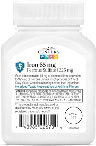 21st Century Slow-Release Iron 65mg High Potency Tablets, 120 Count | High-Potency Iron 65 mg From Ferrous Sulfate, Energy & Healthy Red Blood Cell Support, Slow-Release & Gentle on the Stomach