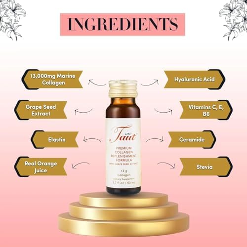TAUT Liquid Collagen for Women – 13,000mg Marine Collagen Drink with Hyaluronic Acid, Grape Seed & Elastin – Visible Skin, Hair & Joint Support – 1 Box (8 Bottles Each)