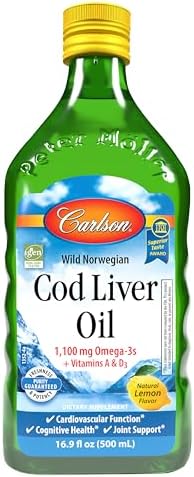Carlson Cod Liver Oil, 1100 mg, Omega-3s, Lemon, 500 mL (16.9 Fl Oz) | plus Vitamins A and D3; Wild Caught Norwegian Arctic Cod Liver Oil; Sustainably Sourced Nordic Fish Oil Liquid