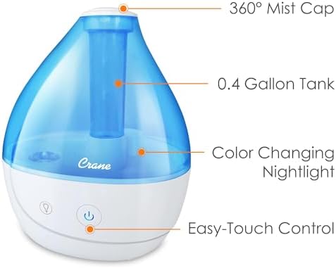 Crane Personal Ultrasonic Cool Mist Travel Humidifier and Vaporizer for Congestion Relief, 360° Adjustable Nozzle, Filter-Free .75 Liter Tank, Blue/White, Office Humidifier