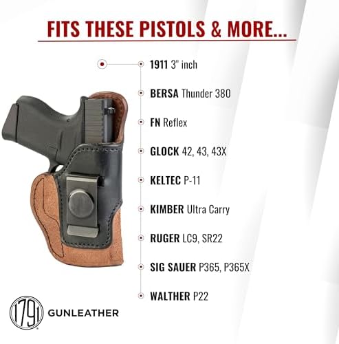 1791 Gunleather Rigid IWB Holster Fits Glock 43X, 43, FN Reflex, P365 | Right-handed holster also fits Glock 42, Kimber Ultra Carry, Bersa Thunder 380, Ruger LC9/SR22 & Walther P22, 1911 3" Colt