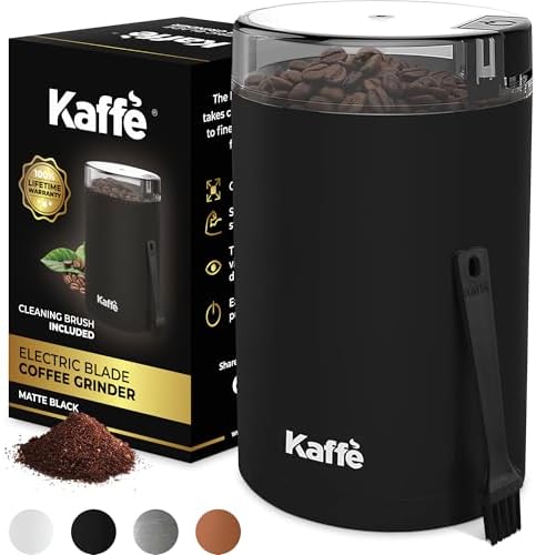Kaffe One-Touch Coffee Grinder Electric w/Cleaning Brush (3 oz) - Coffee Grinders for Home Use - Up to 12 Cups of Coffee per Grind - Easy On/Off Coffee Bean Grinder - Black
