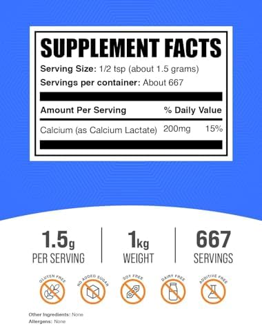 BulkSupplements.com Calcium Lactate Powder - Calcium Supplement Powder, Food Grade - Pure & Gluten Free, 1.5g per Serving, 500g (1.1 lbs) (Pack of 1)