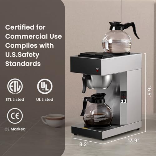SYBO 12-Cup Commercial Pour Over Coffee Maker SF-CB-2GA | ETL Certified, Stainless Steel, Reusable Brew Basket, Spray Head, Fast Brewing