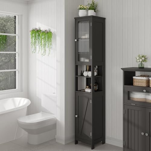 ChooChoo Narrow Bathroom Storage Cabinet with Light， Space Saving | Space Saving,Tall Bathroom Storage Cabinet, 5-Tier, 2 Doors, Slim, Freestanding, Adjustable Shelves, Black