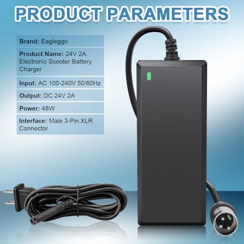 24V 2A 3-Pin XLR Electric Scooter Battery Charger for Go-Go Elite Traveller Plus HD US, Pride Mobility Scooter, Ezip Mountain Trailz