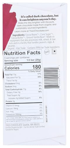 Theo Pure Organic Dark Chocolate Bar, 85% Cacao, 1 Bar | Vegan, Fair Trade