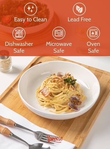Sweese 22oz Porcelain Pasta Bowls Set of 6-7.6 Inch White Salad Serving Plates, Microwave Dishwasher Safe Dinnerware