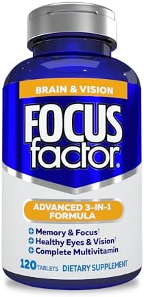 Focus Factor Adults Brain and Vision Supplement, 120 Count - Eye Vitamin, Mineral Supplement & Complete Multivitamin w/Lutein & Zeaxanthin – Brain Supplement for Focus, Concentration, Memory