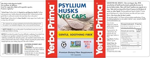Yerba Prima Psyllium Husks Fiber Veg Caps - 180 (Pack of 2)