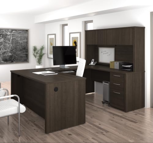 Bestar Embassy 66W U-Shaped Executive Desk with Pedestal and Hutch in Dark Chocolate | With Pedestal and Hutch, with Narrow Desk Shell, Desk Shell