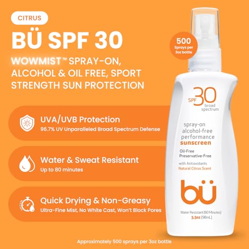 BU SPF 30 Sunscreen Spray for Face and Body, Non Aerosol Spray, Ultrafine WOWmist, TSA Travel Size Sunscreen, Clear, Non Greasy, Water Resistant, White Sage 3.3 oz