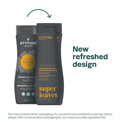 ATTITUDE 2-in-1 Body Wash & Shampoo for Men & Women, EWG Verified, Vegan, Natural Ingredients, Dermatologist-Tested, Ginseng and Grapeseed Oil, 16 Fl Oz