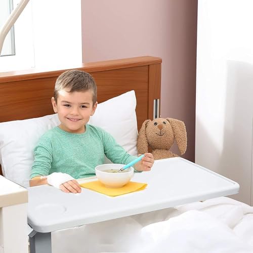Vaunn Medical Adjustable Overbed Exam Bedside Table with Wheels (Hospital and Home Use), New Tabletop, Light Gray
