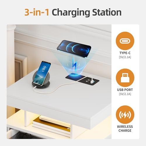 Lockable Night Stand with Gun Drawer,Charging Station,LED Lights,White | LED Nightstand with Charging Station,Farmhouse Bedside Table with 3-Color Light,End Table with 3 Drawers,Bedroom