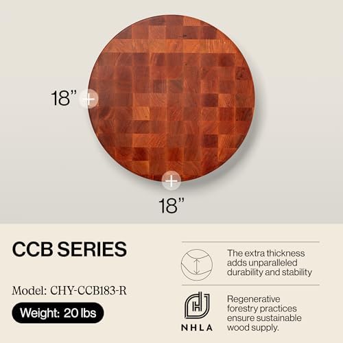 John Boos CCB Series Round Wooden Maple Cutting Board 18”x18” – 3” Thick, 22-lb Non-Reversible Butcher Block with End-Grain – Made in the USA