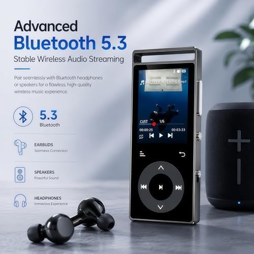 90GB MP3 Player Bluetooth 5.3, HiFi Sound Music Player with Touch Buttons | MP3 Players with Built-in Color Screen, E-Books, Earphones Included