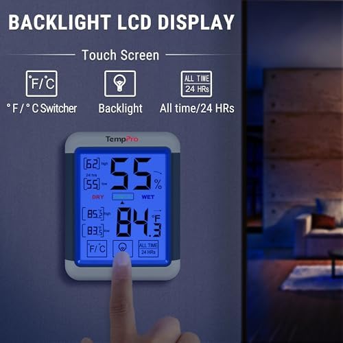 TempPro TempAir Digital Indoor Hygrometer Thermometer with Touchscreen | 4-Inch Temperature/Humidity Monitor with Backlit, Room Thermometer/Humidity Meter for House Home Greenhouse