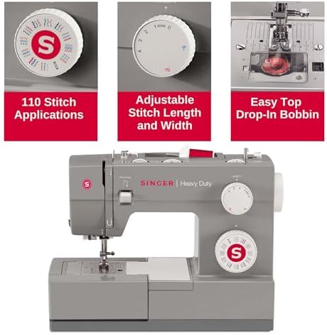 SINGER® 4432 (Grey) High Speed Heavy Duty Sewing Machine + Accessory Kit | 32 stitches deliver 110 applications, 50% more power for thick fabrics, 1100 per minute capacity, 1-step buttonhole design