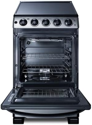 Summit 20” Electric Range, Stainless Steel and Black- REX2071SSRT | 2.3 cu.ft. Capacity Oven, Smooth Glass CookTop, 4 Burner Range, 220VOLT