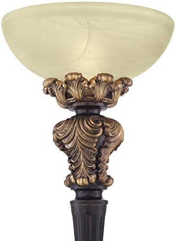 Valentina 75" Tall Acanthus Leaf Torchiere Floor Lamp Living Room | Traditional Victorian Carved Wood Amber Glass Shade Foot Dimmer Standing Light