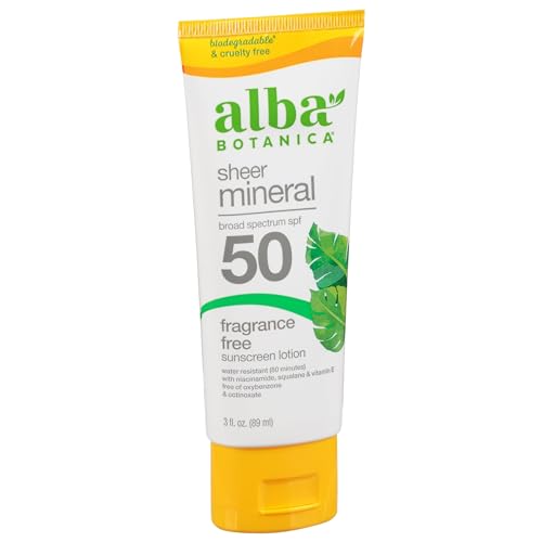 Alba Botanica Mineral Sunscreen Lotion SPF 50, Broad Spectrum, Fragrance Free, 3 Fl Oz (Packaging May Vary)