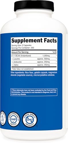 Nutricost BCAA 1000mg, 500 Capsules, 2:1:1 Branched Chain Amino Acids | 250 Servings, 500mg L-Leucine, 250mg L-Isoleucine, 250mg L-Valine