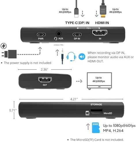 RecDual Dongle, Mini Standalone Dual-Input 1080p@60fps Video Recorder with 4K@60fps Passthrough