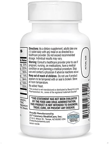 21st Century Healthy Eyes with Lutein Vision Support Tablets, 60 Count | Eye Vitamin with Lutein Plus Antioxidants A, Compare VS. Ocuvite® with Lutein, C, E, Zinc, Vision & Eye Health Support